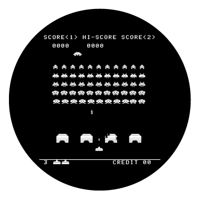 White retro space pixel game with aliens on a black circle gobo.