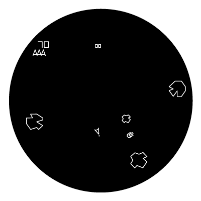 White outline of a retro game including space rocks and spaceships on a black circle gobo.