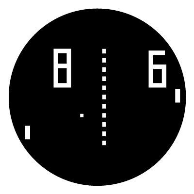 White outline of a retro game with pixel lines and ball with '8' and '6' at the top on a black circle gobo.