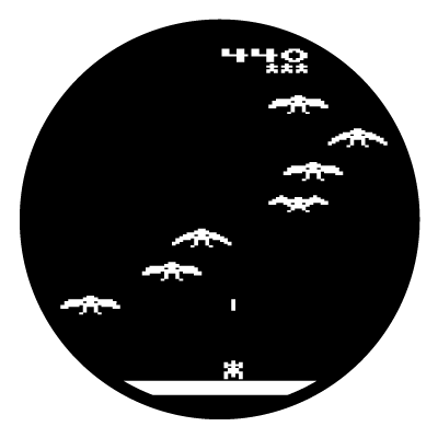 White pixel retro game with birds on a black circle gobo.