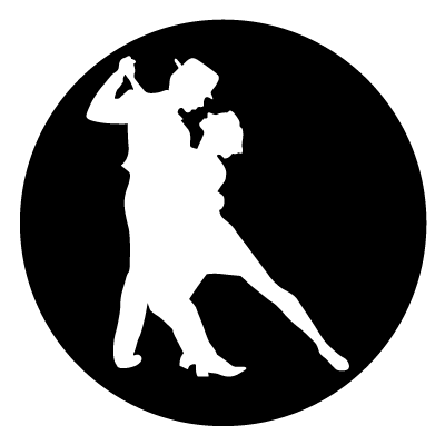White silhouette of two people dancing the tango on a black circle gobo.