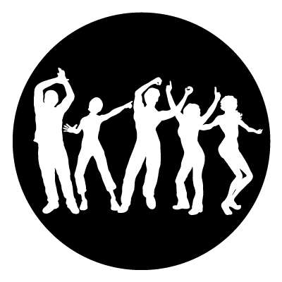 White silhouette of a group of 5 people dancing on a black circle gobo.