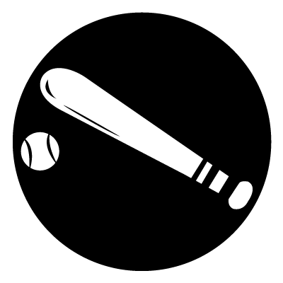 White silhouette of a baseball bat and ball on a black circle gobo.