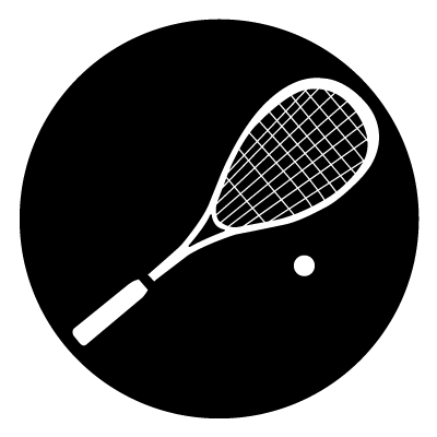 White silhouette of a squash racquet and ball on a black circle gobo.