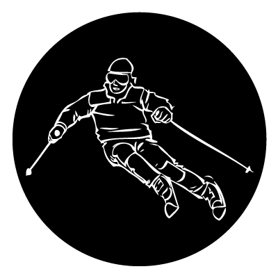 White outline of a skier on a black circle gobo.