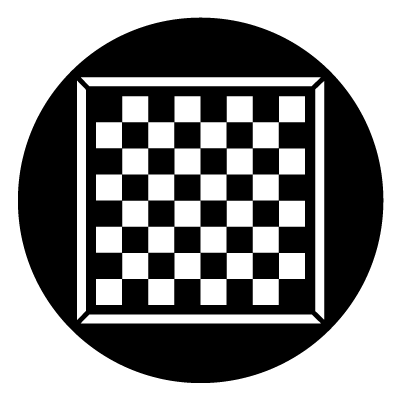 Black and white checkerboard chess board with white outline on a black circle gobo.