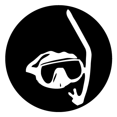 White silhouette of a snorkel and goggles on a black circle gobo.