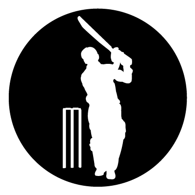 White silhouette of a cricket player and wickets on a black circle gobo.