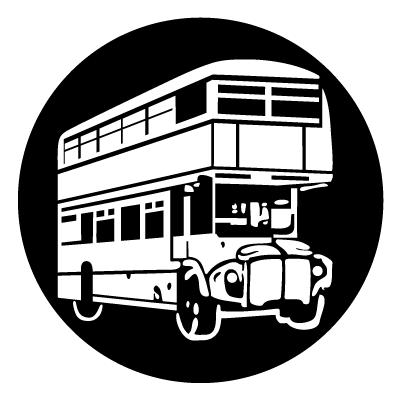 White silhouette of a London bus on a black circle gobo.