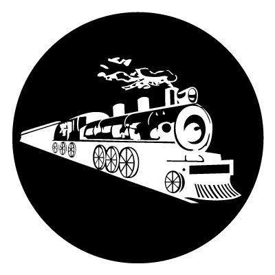 White silhouette of a steam train on a black circle gobo.