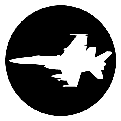 White silhouette of a fighter jet on a black circle gobo.