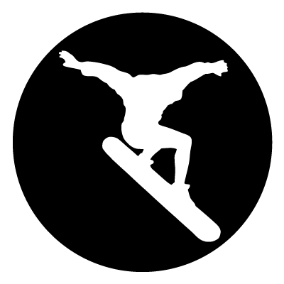 White silhouette of a snowboarder on a black circle gobo.