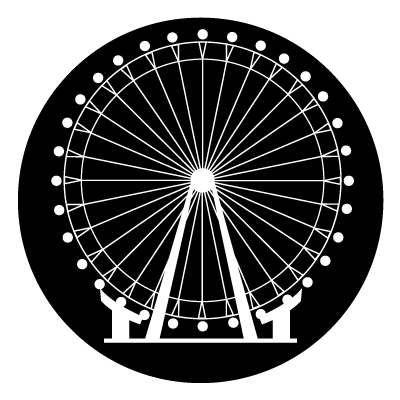 Black circle with white London Eye illustration in the middle.