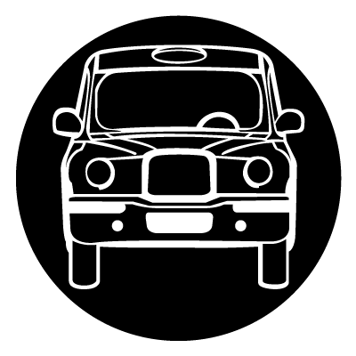 White outline of a London taxi on a black circle gobo.