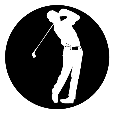 White silhouette of a golf player on a black circle gobo.
