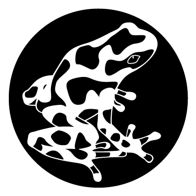 White spotty frog silhouette on a black circle gobo.