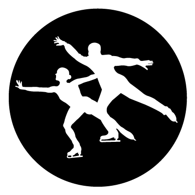 White silhouette of two ice skaters on a black circle gobo.