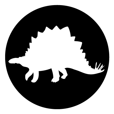 White silhouette of a stegosaurus on a black circle gobo.