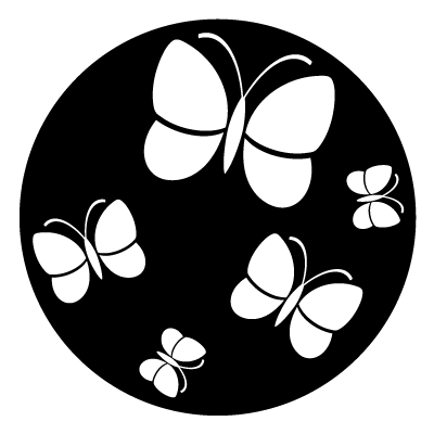 White silhouettes of 5 butterflies on a black circle gobo.