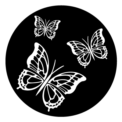 White silhouettes of 3 butterflies on a black circle gobo.