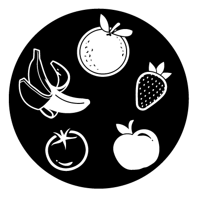 White illustrated banana, tomato, orange, apple and strawberry on a black circle gobo.