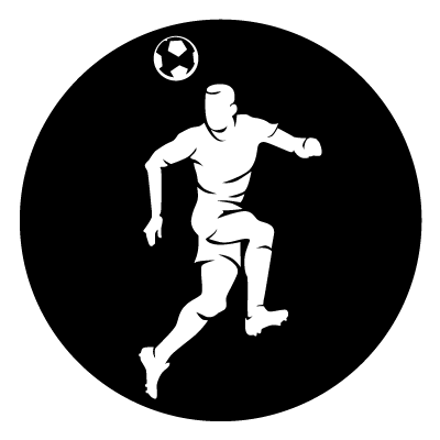 White silhouette of a footballer and football on a black circle gobo.