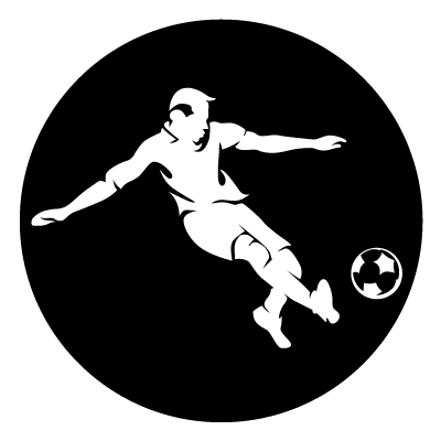 White silhouette of a footballer kicking a ball on a back circle gobo.