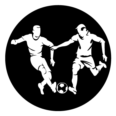 White silhouettes of two footballers and a football in a tackle on a black circle gobo.