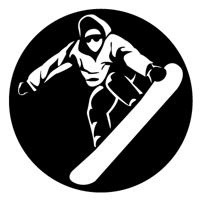 White silhouette of a snowboarder on a snowboard on a black circle gobo.