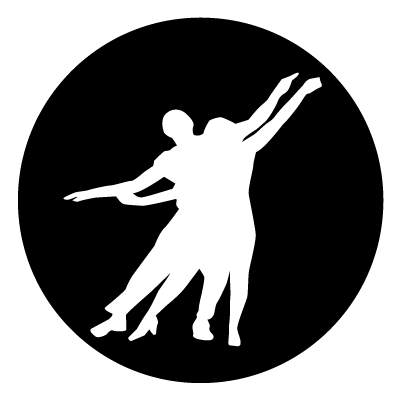 White silhouette of two dancers on a black circle gobo.