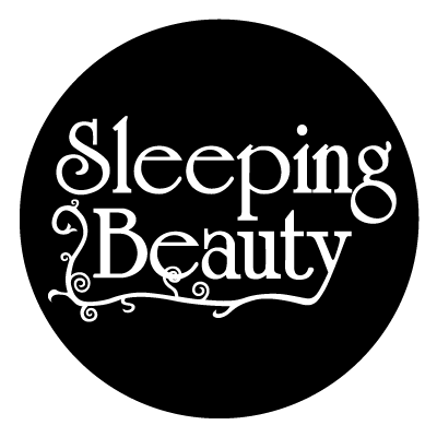 White 'Sleeping Beauty' text with curled vines coming from the 'y' on a black circle gobo.
