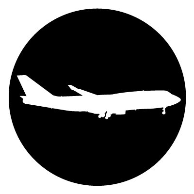 White silhouette of a landed plane on a black circle gobo.
