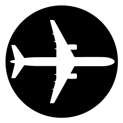 White silhouette of a top view of a plane on a black circle gobo.