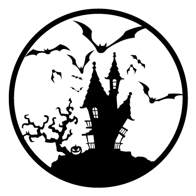 Spooky haunted house with flying bats in front of a full moon on a black circle gobo.