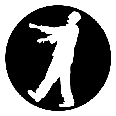 White silhouette of a walking zombie on a black circle gobo.