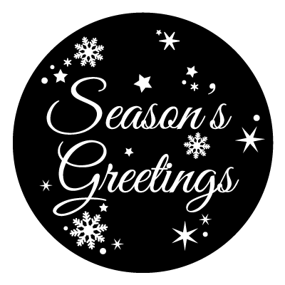 White 'Seasons greetings' text with snowflakes and stars Christmas gobo.