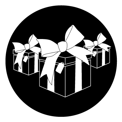White silhouettes of 3 presents with bows on a black circle gobo.