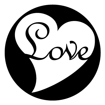 White curved heart with the text 'Love' in the centre, on a black circle gobo.