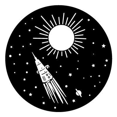 White illustration of sputnik and the sun in space with stars and a planet in the background on a black circle gobo.