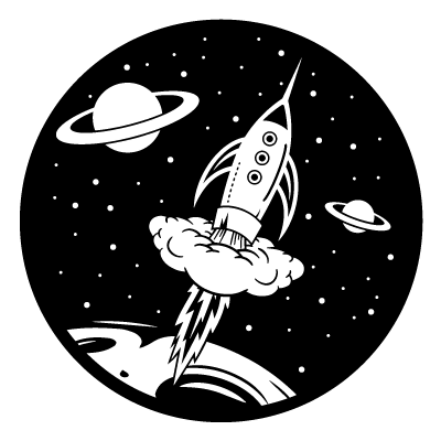 White illustration of a rocket launching from the moon with stars and planets in the background on a black circle gobo.