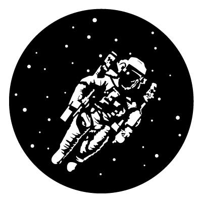 White silhouette of an astronaut in space with stars on a black circle gobo.