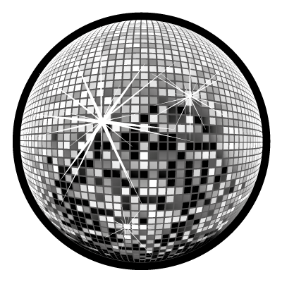 Greyscale disco ball with white sparkle stars on a black circle gobo.