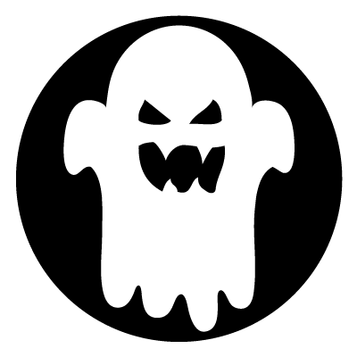 White ghost with an angry face on a black circle gobo.