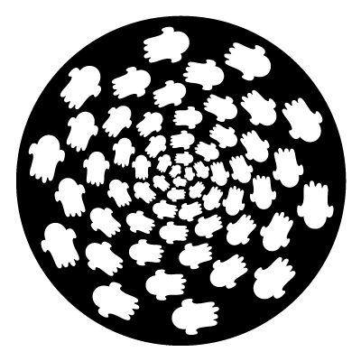 Multiple silhouettes of ghosts in a circular pattern on a black circle gobo.