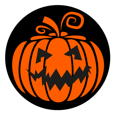 Orange silhouette of a smiley carved face pumpkin on a black circle gobo.
