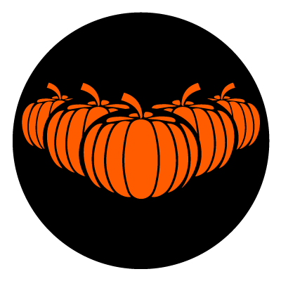 Orange pumpkin silhouettes on a black circle.