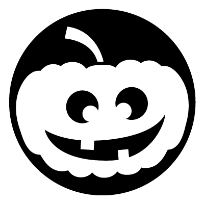 White silhouette of a smiley carved face pumpkin on a black circle gobo.