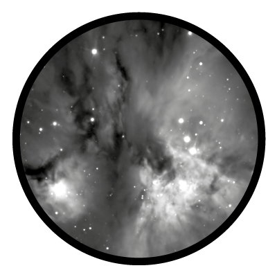 Greyscale image of a nebula on a black circle gobo.