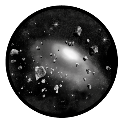 Greyscale image of meteors in space on a black circle gobo.