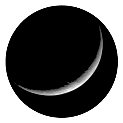 Greyscale image of a fine crescent moon on a black circle gobo.